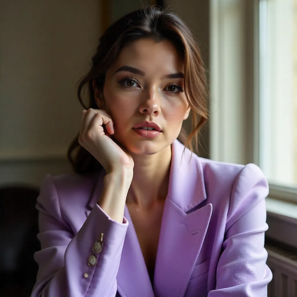 Lilac Jacket Portrait with Hand on Cheek