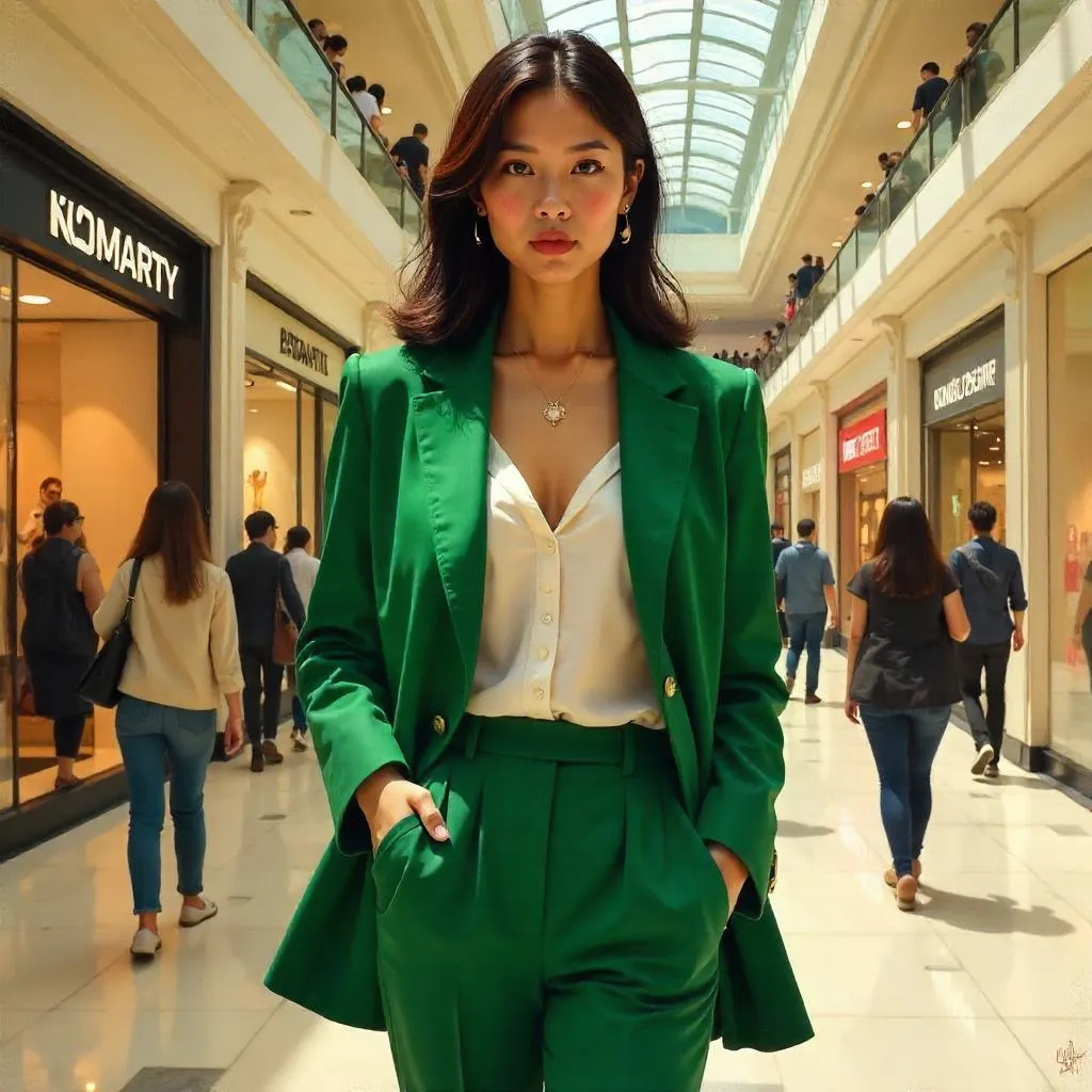 Confident Asian Woman in an Oil Painting Mall Scene