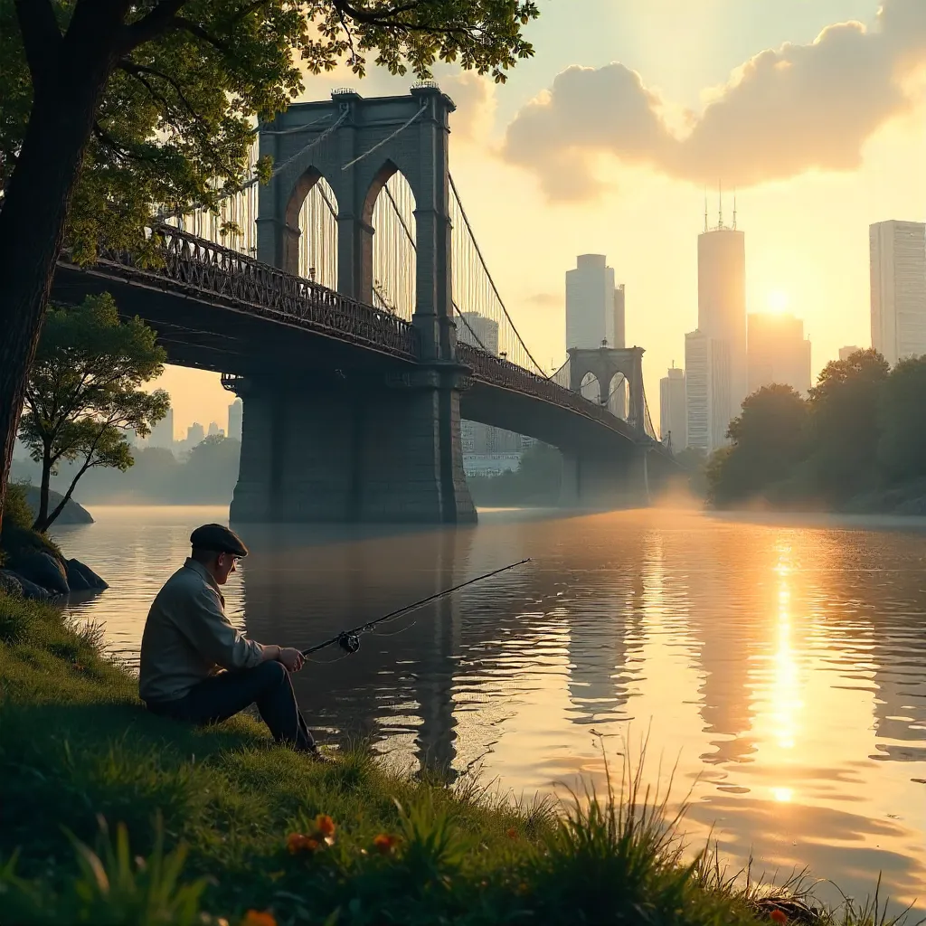Serene Riverbank Fishing Under a Grand Bridge