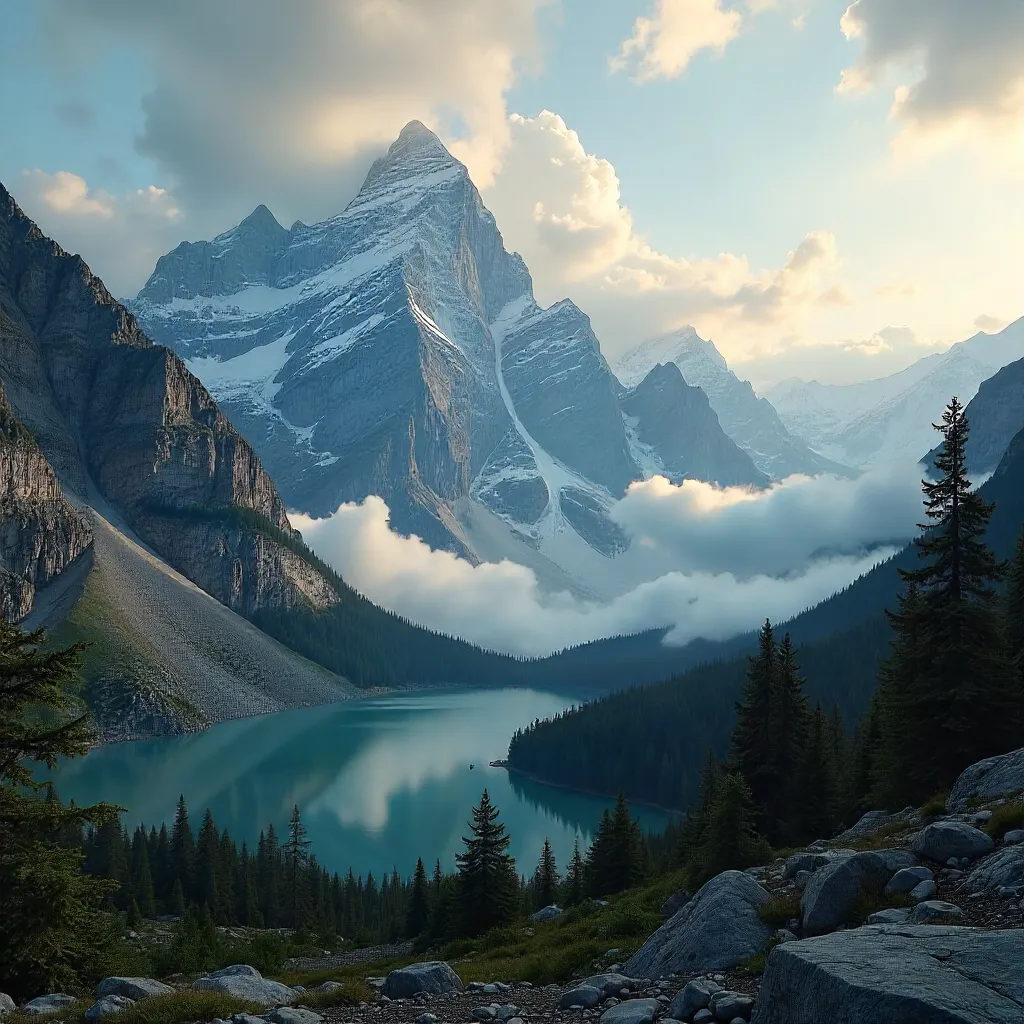 Majestic Peaks in Cloud-Kissed Dawn