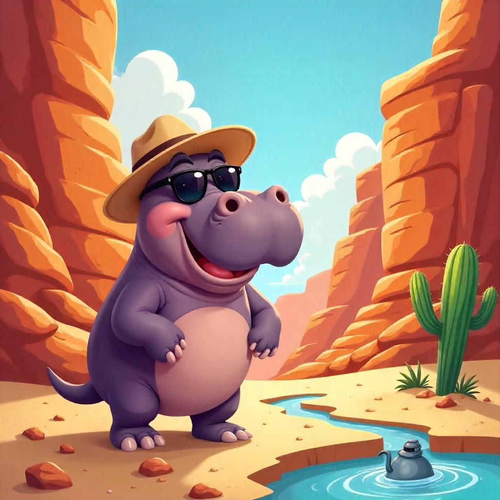 Cheerful Cartoon Hippo in a Desert Canyon