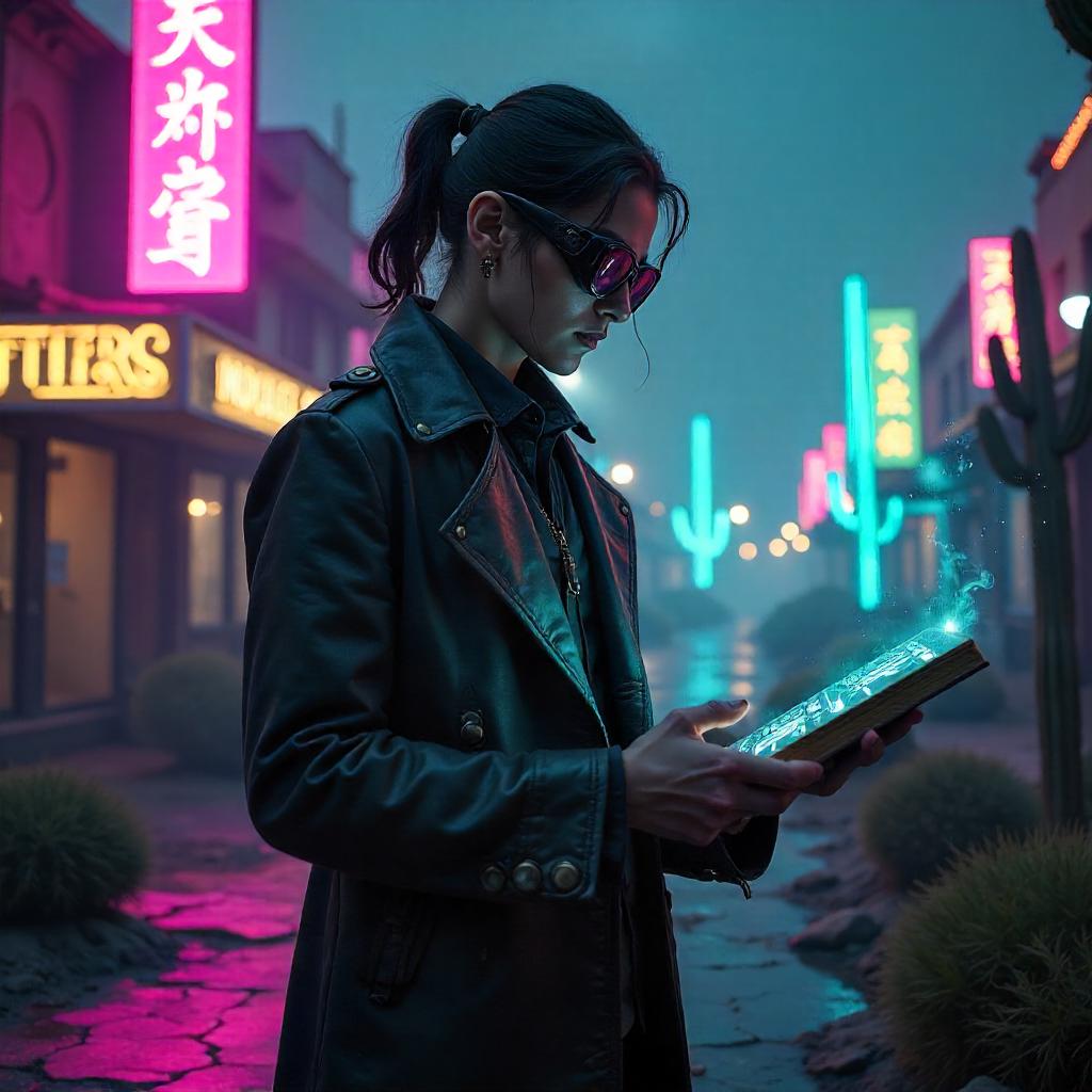 Neon Scholar Among Desert Cacti