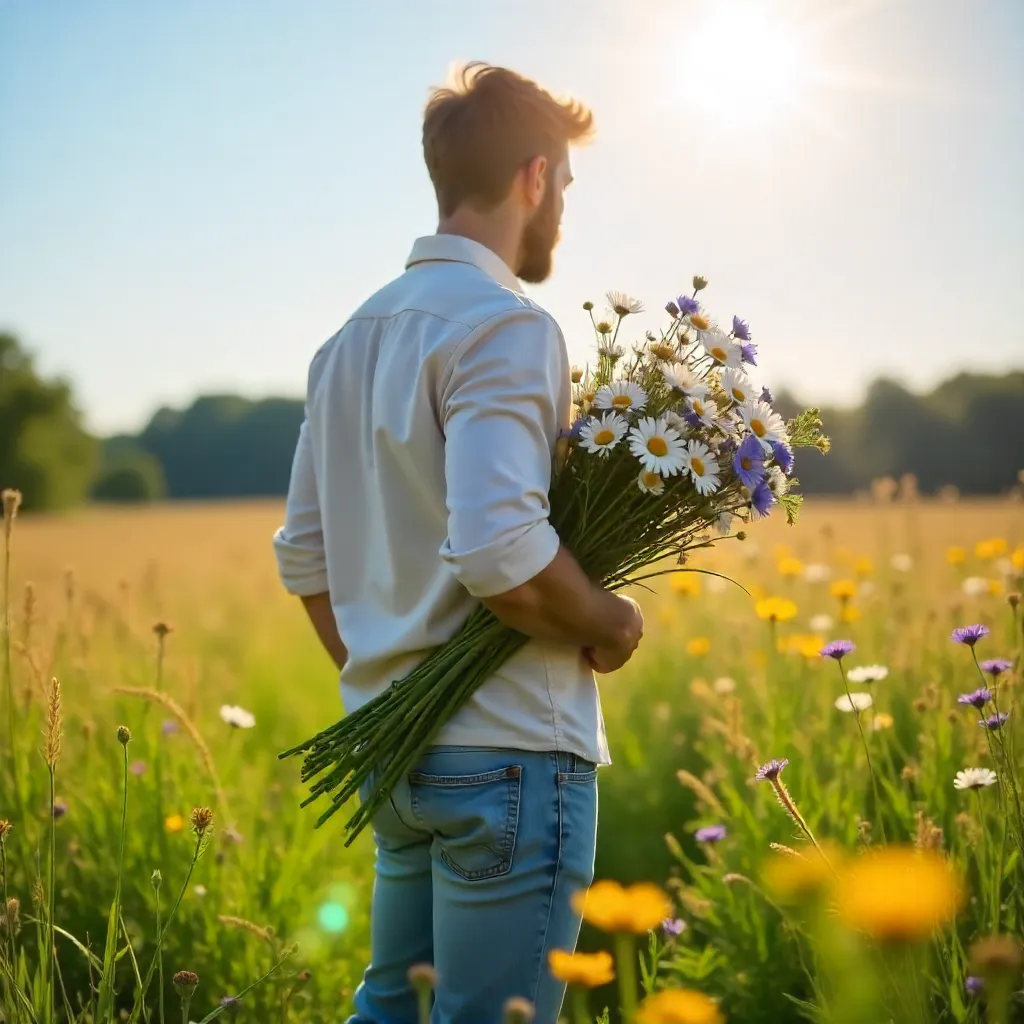 Sunlit Field: Man with Wildflowers Hidden Behind Back