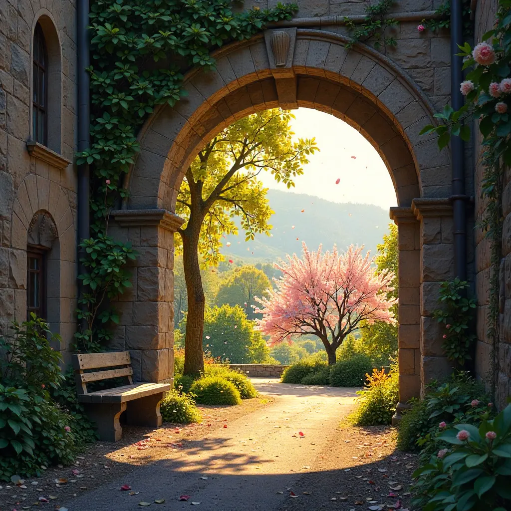 Archway Framed Vista: Blooming Trees and Stone Walls