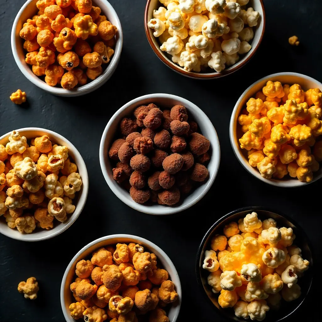 Overhead Assorted Flavored Popcorn in Bowls on Dark Surface