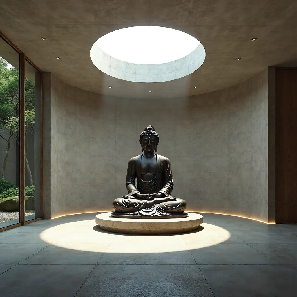 Buddha Beneath the Circular Opening in Serene Japanese Concrete