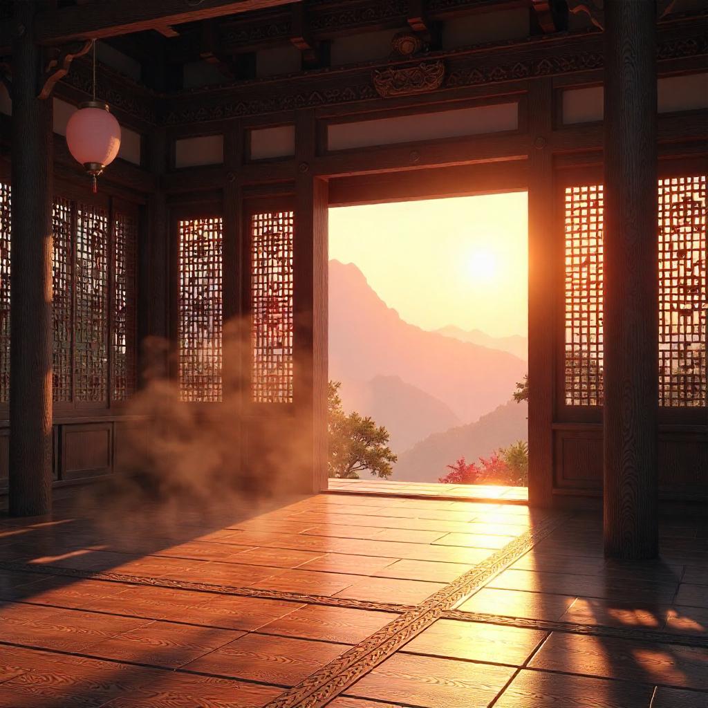 Dawn Light Inside a Traditional Pagoda