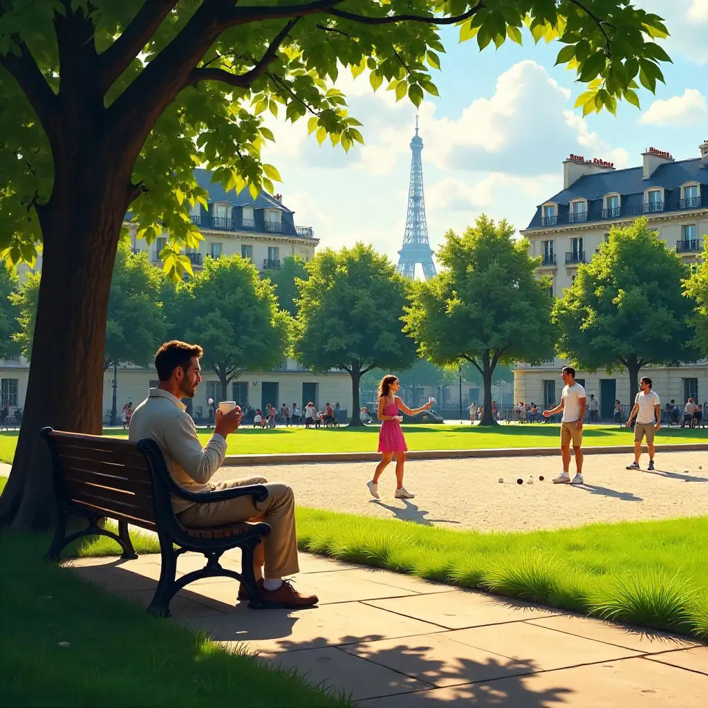 Paris Park Serenade: Relaxing Man and Pétanque Game