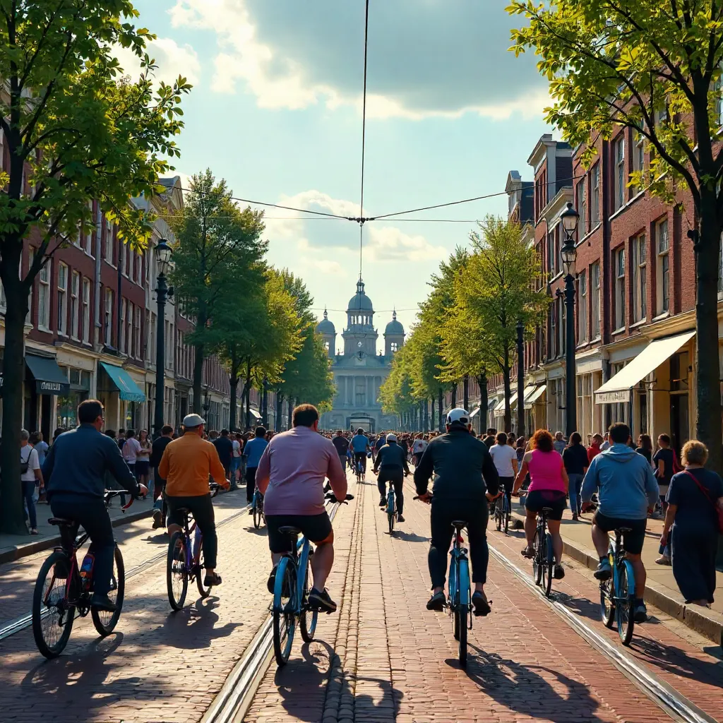 Cyclists on a Busy Amsterdam Street with Iconic Canal Houses