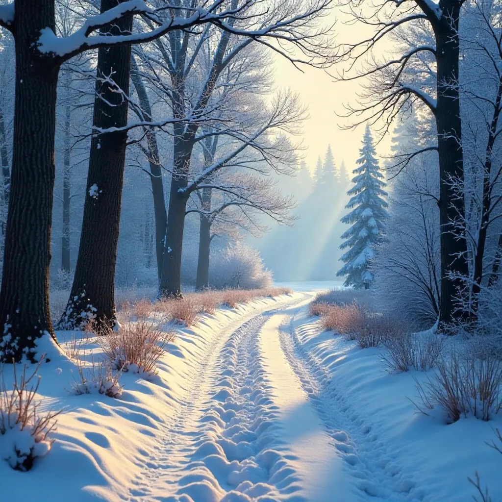 Tranquil Winter Forest Path in Snowy Serenity