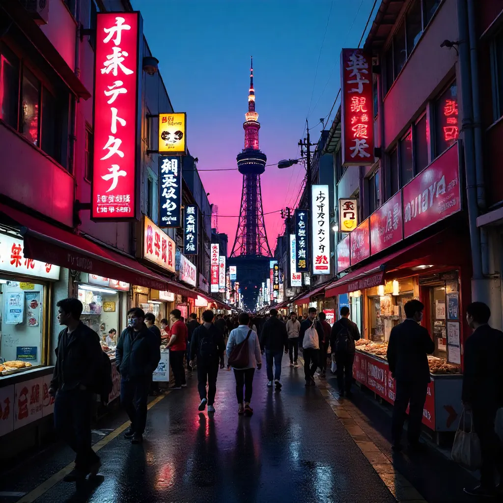 Lively Osaka Street with Tsutenkaku Tower Neon
