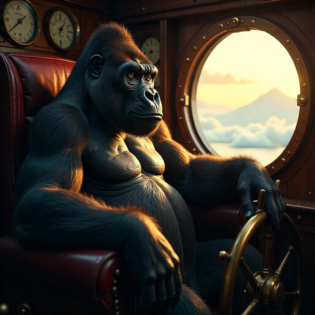 Photorealistic Gorilla on a Vintage Airship