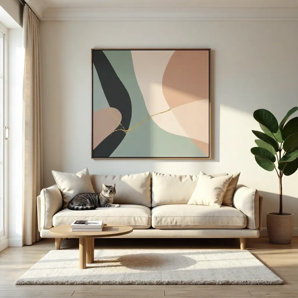 Serene Living Room: Cat on Couch with Abstract Wall Art