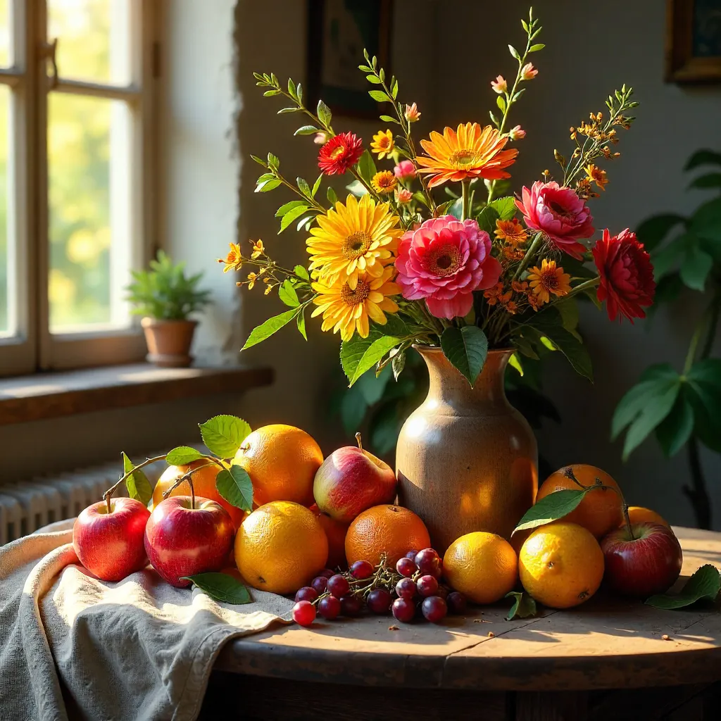 Cozy Rustic Table: Vibrant Fruit and Floral Arrangement