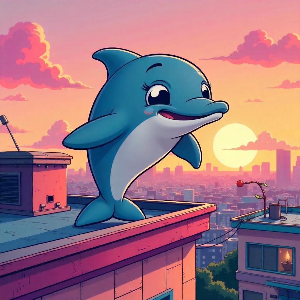 Whimsical Cartoon Dolphin on a Rooftop at Sunset