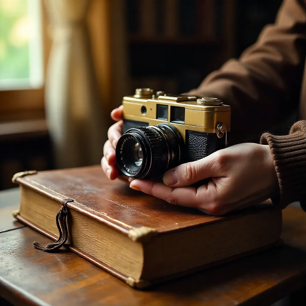 Nostalgic Hands with Vintage Camera and Book