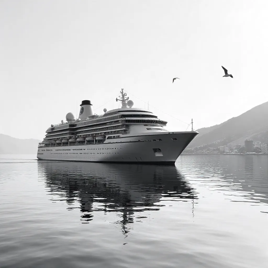 Serene Black-and-White Kuşadası Cruise Ship Scene