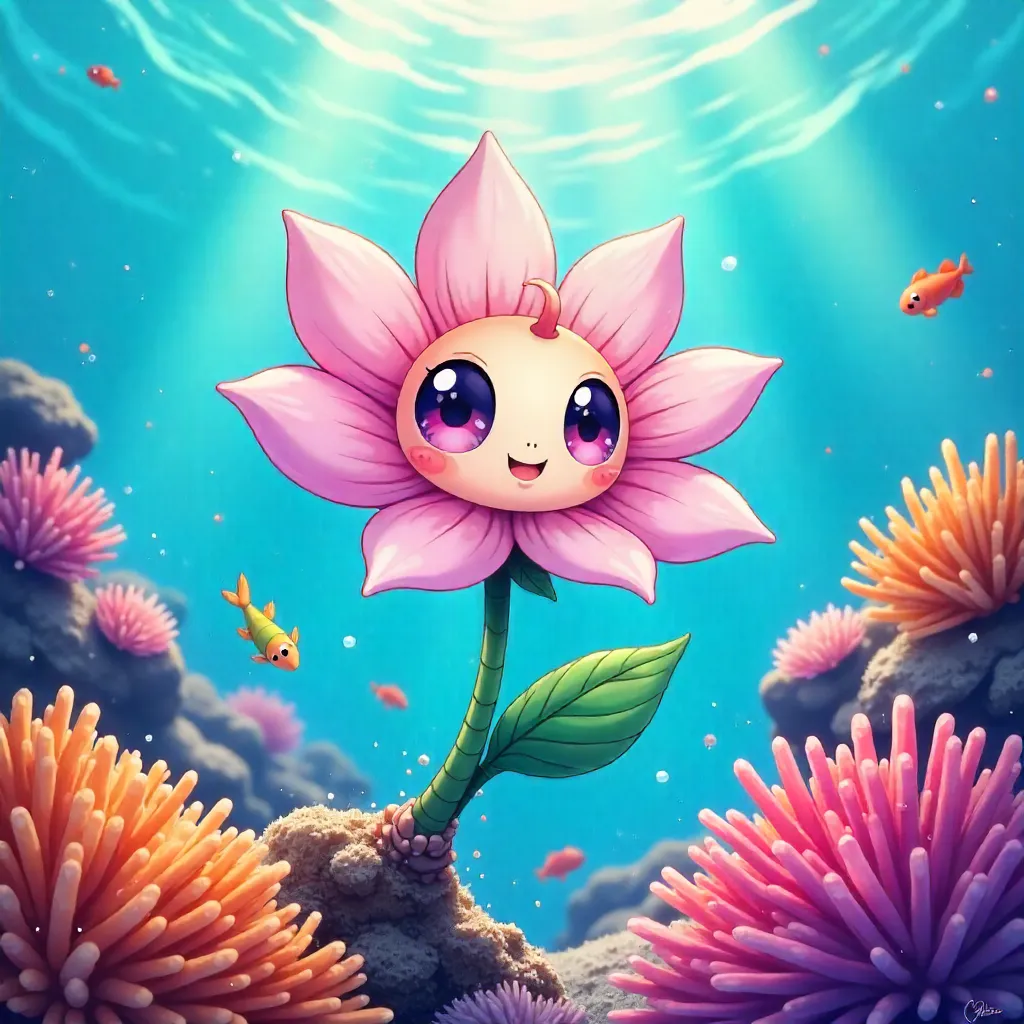 Anime Flower in a Coral Reef Underwater World
