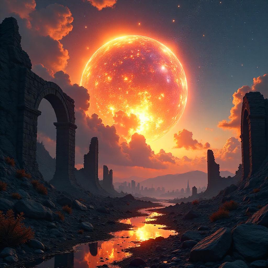 Photorealistic Supernova Over Ruined Cityscape
