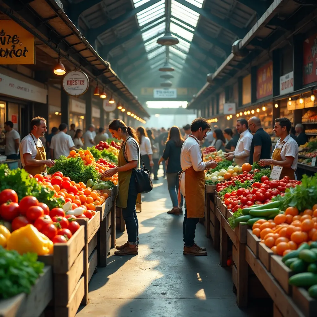 Indoor Farmers Market: Bustling Fresh Veggie Stalls