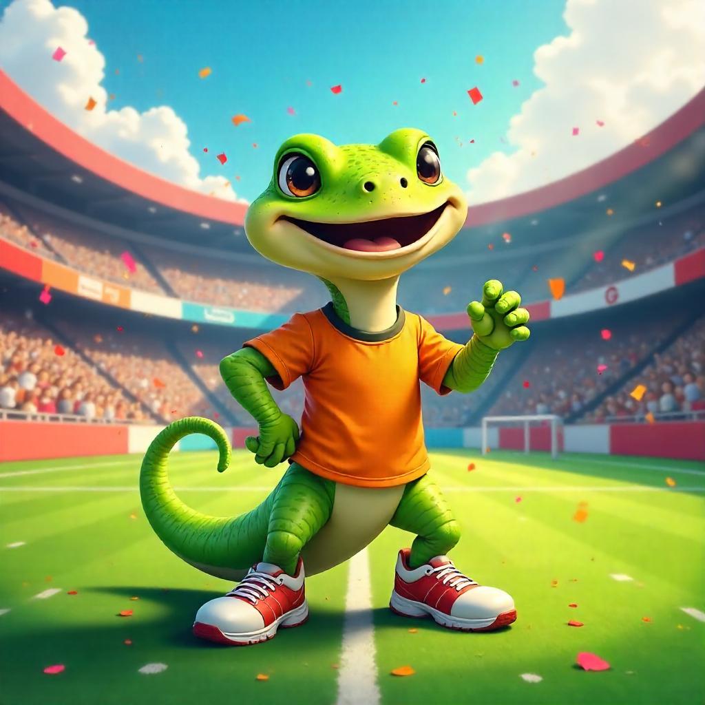 Cheerful Cartoon Lizard in a Vibrant Stadium