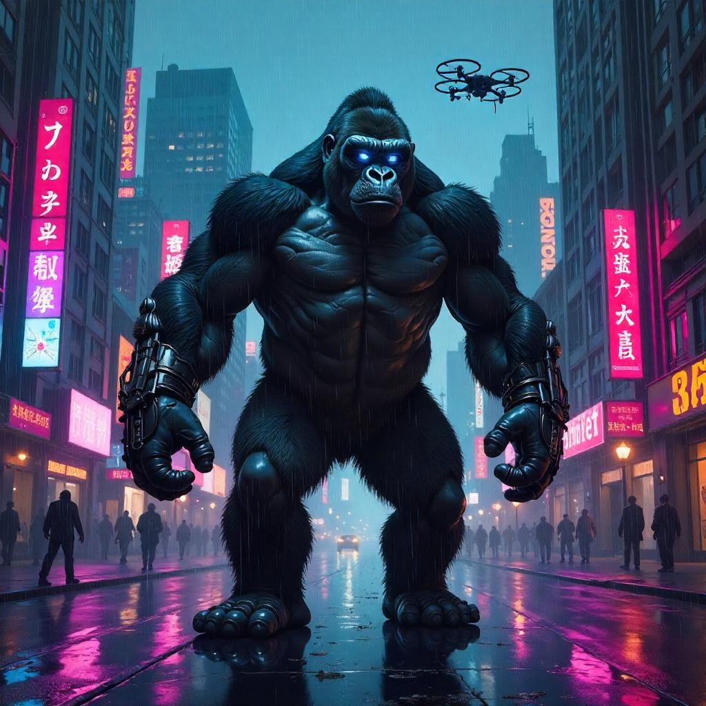 Neon Rain Gorilla: A Cyberpunk Canvas Portrait