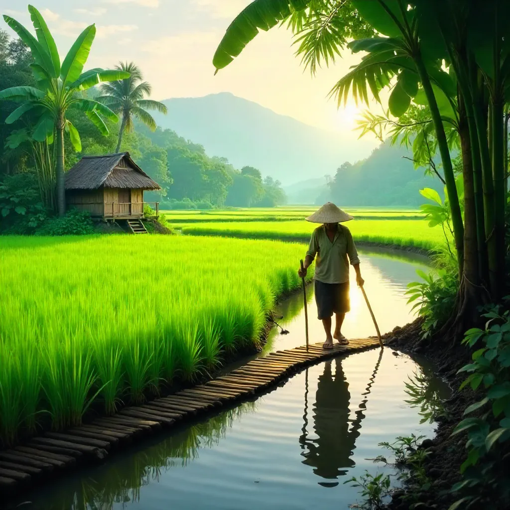 Farmer in a Lush Rice Field