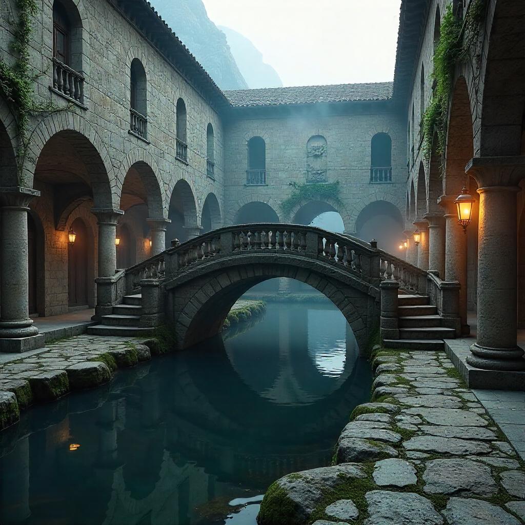 3D Render: Stone Bridge in a Monastery Courtyard