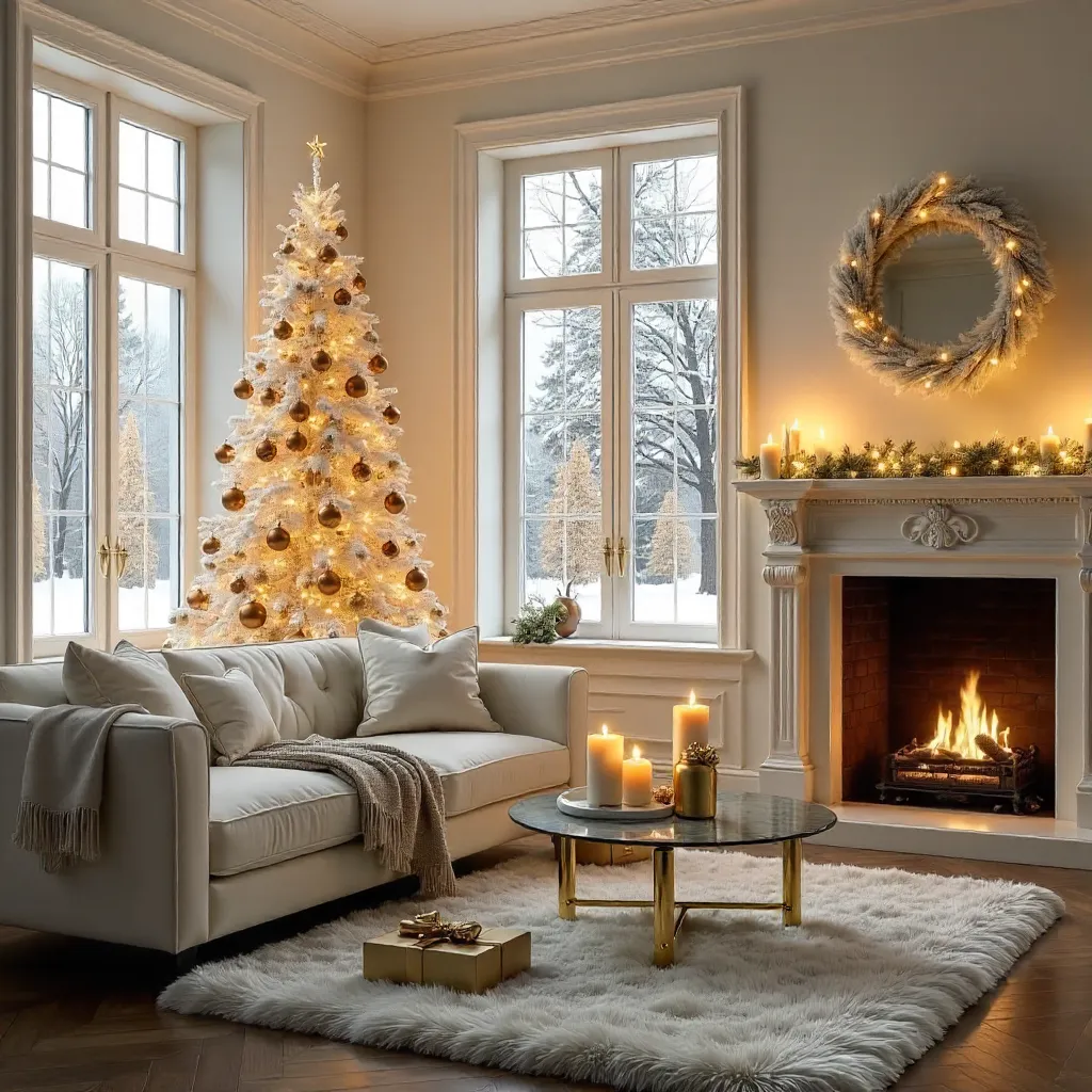 Elegant White-Tree Holiday Living Room Cozy Setup