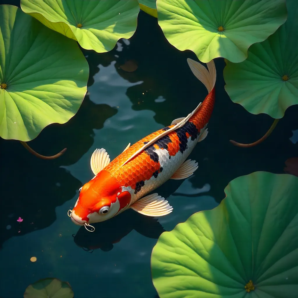 Vibrant Koi Under Lotus Leaves in a Tranquil Pond
