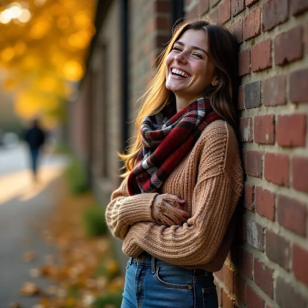Laughing on a Rustic Brick Wall in Autumn