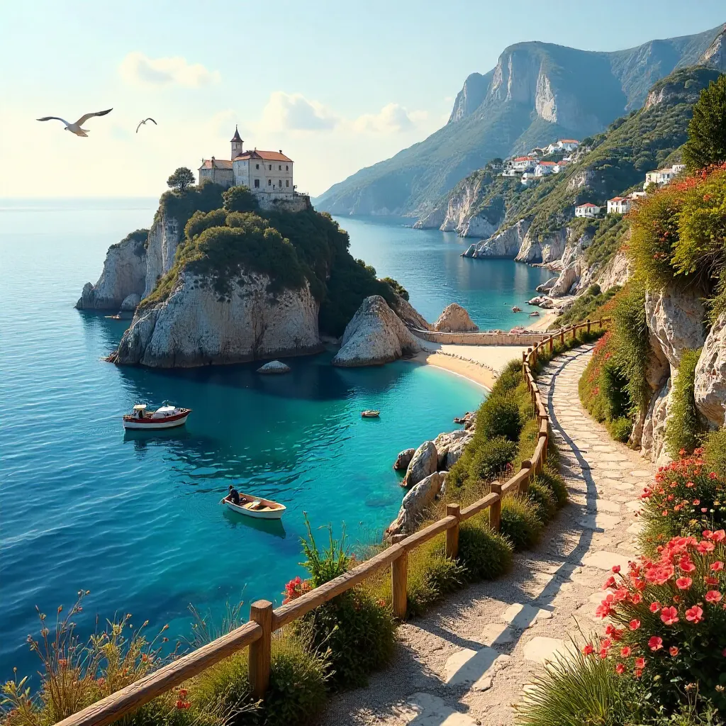 Idyllic Cliffside Coastal Landscape with Boats