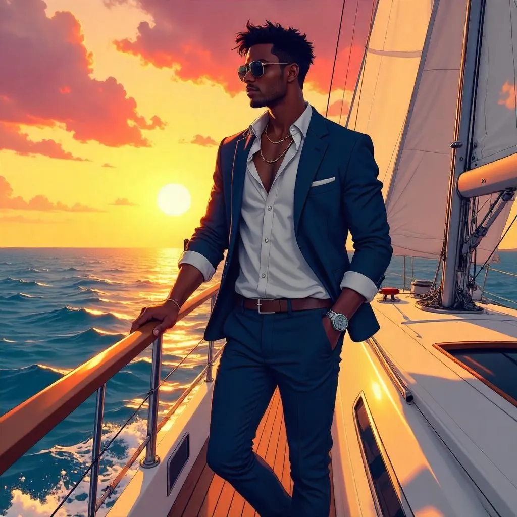 Sunset Sail: Stylish Black Man in Anime Style