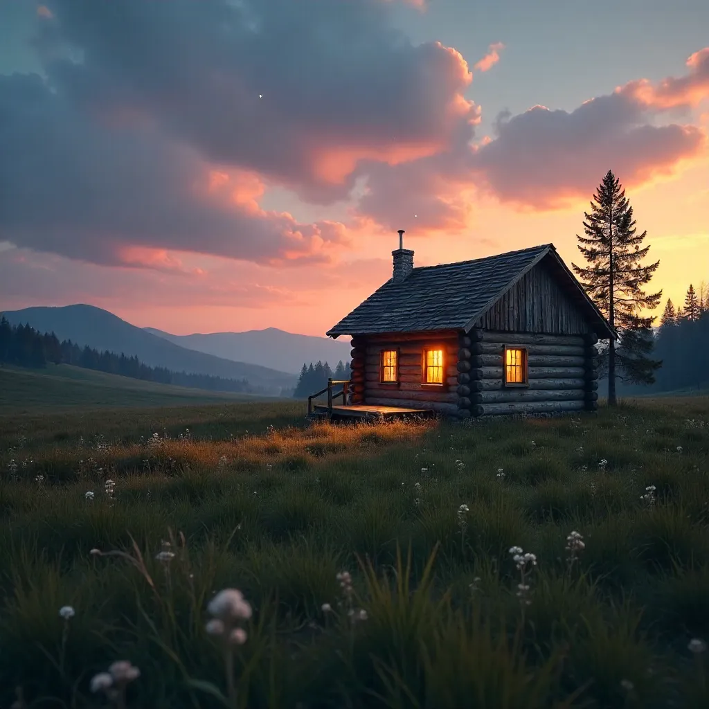 Twilight Cabin Over Open Grassland