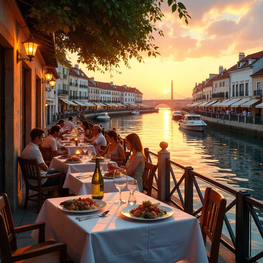 Sunset Dining Along Aveiro's Canal