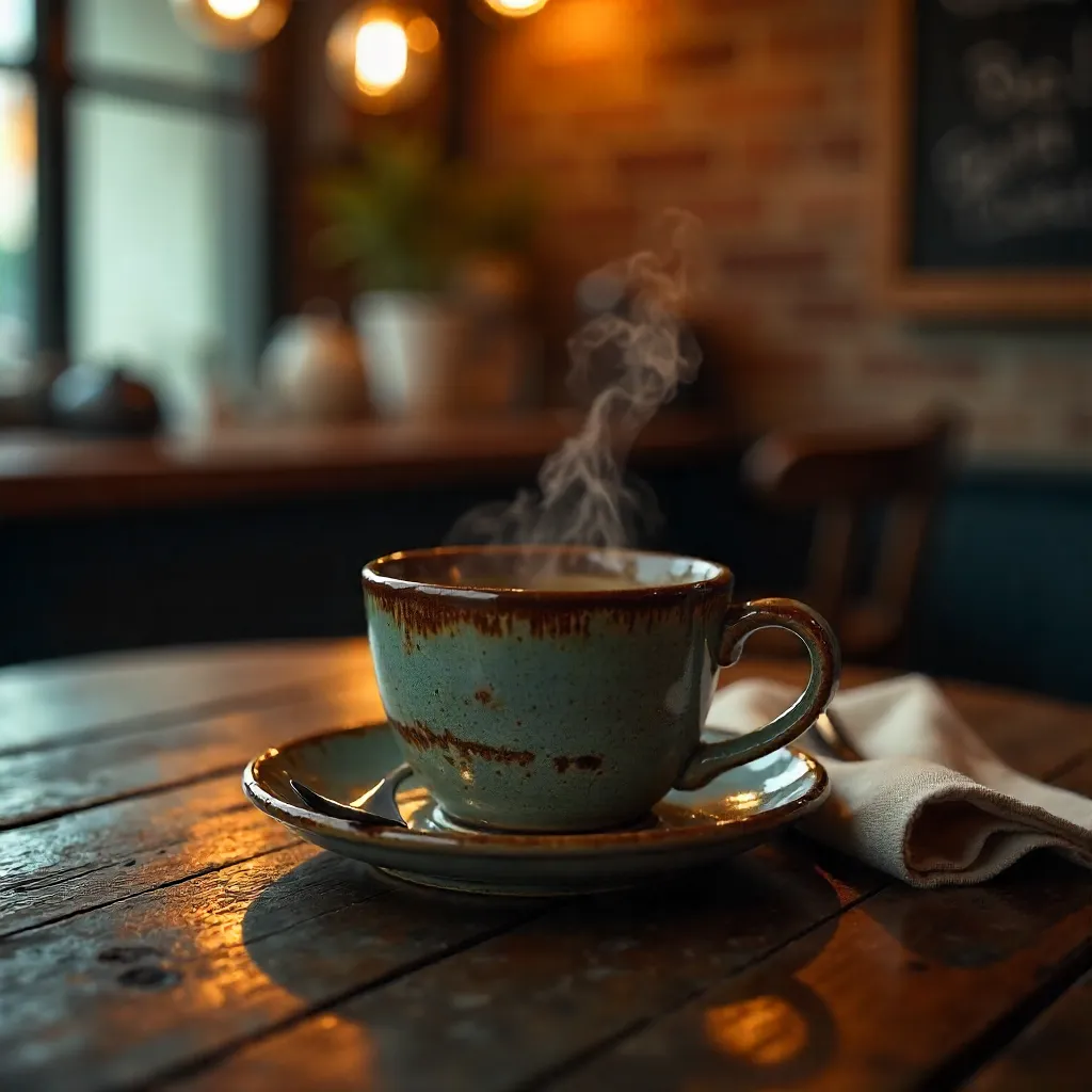 Rustic Coffee Cup on a Warm Dim Café Table