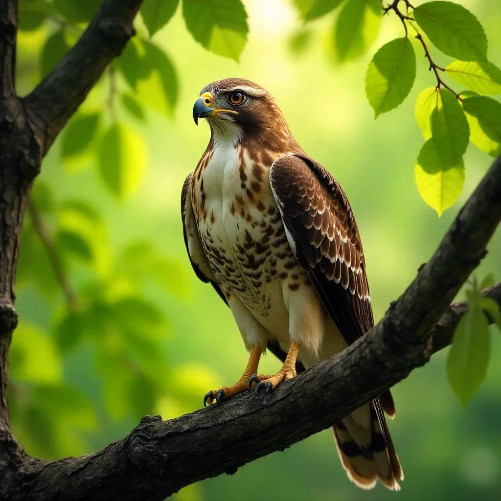 Majestic Hawk Perched on a Lush Green Branch in Dappled Light