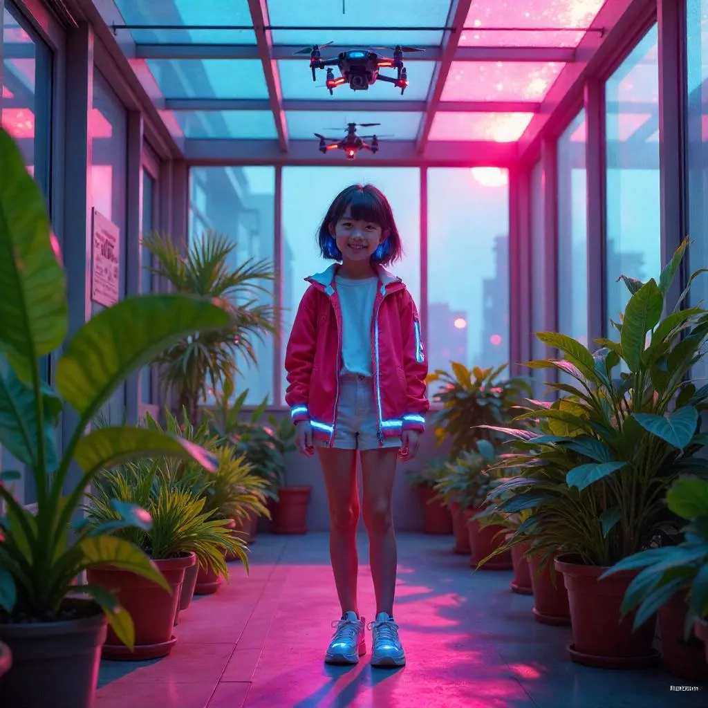 Sunlit Cyberpunk Sunroom with a Cheerful Girl