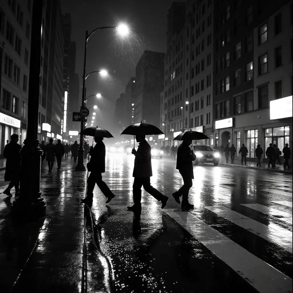 Noir Rain Umbrellas Crossing a Rainy Intersection