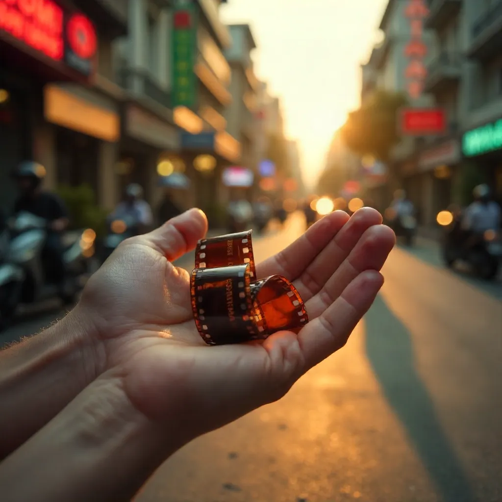 Hands Cradling a Curled Film Roll in Saigon