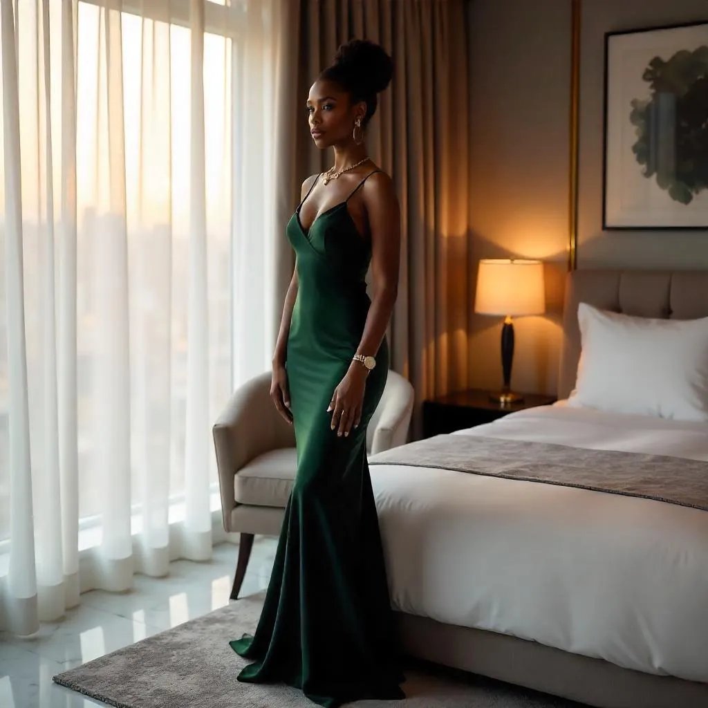 Photorealistic Portrait: Elegant Black Woman in a Hotel Room