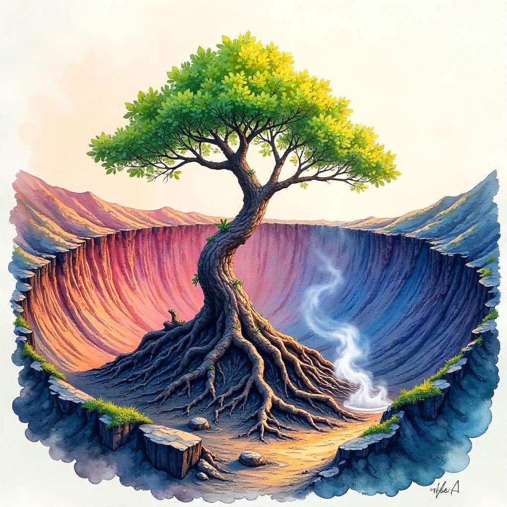 Watercolor Tree in a Volcanic Crater at Dawn