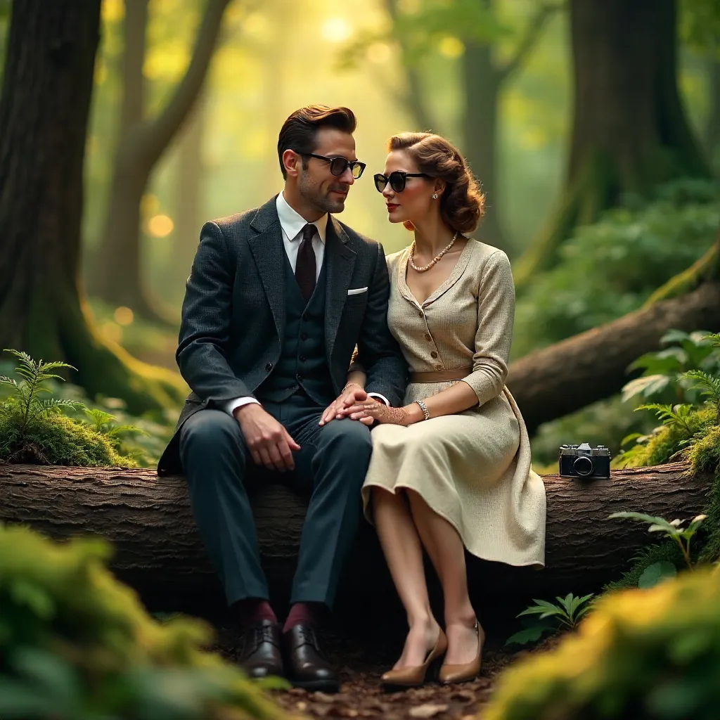 Vintage Forest Couple on Mossy Logs
