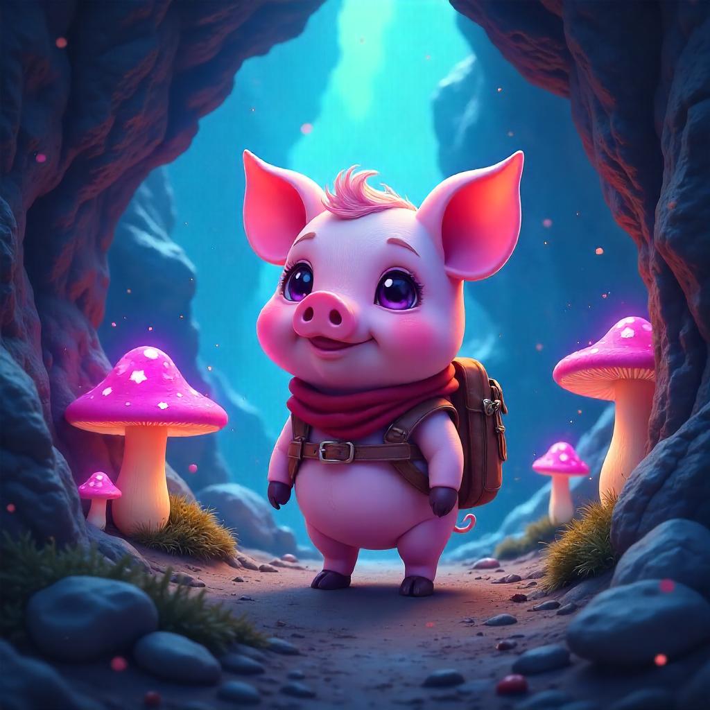 Anime Pig Adventurer in a Glowing Cave