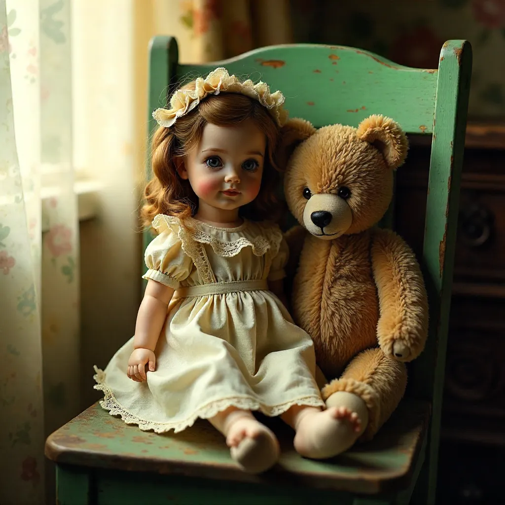 Nostalgic Vintage Doll and Bear on a Rustic Chair
