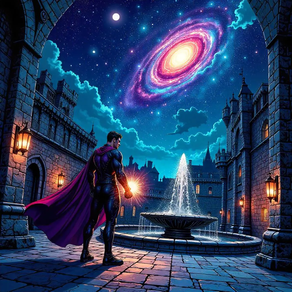Cosmic Knight in a Castle Courtyard - Comic Book Style