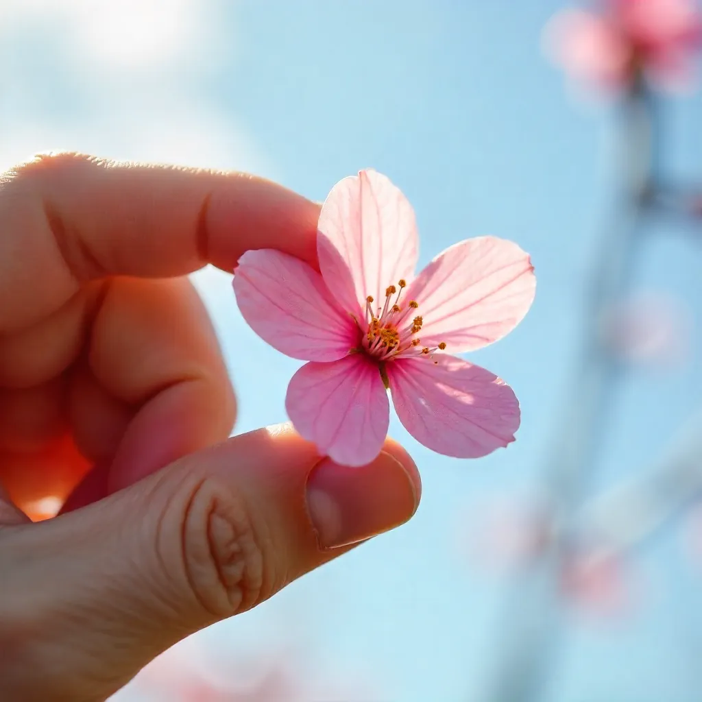 Delicate Pink Flower in a Hand Against Sky
