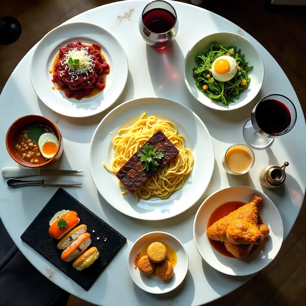 Bird's-eye Gourmet Feast on Marble Table