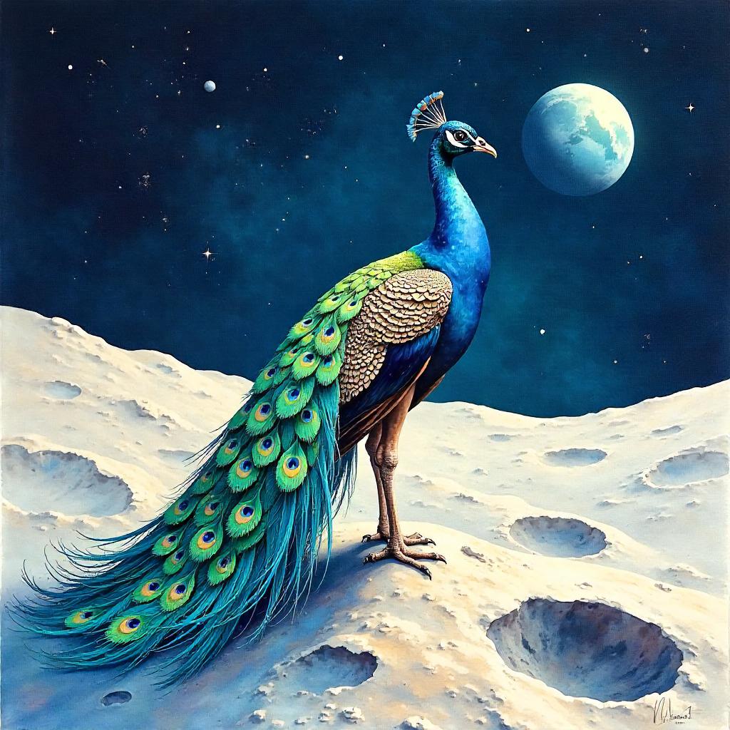 Lunar Peacock in Watercolor Dreamscape