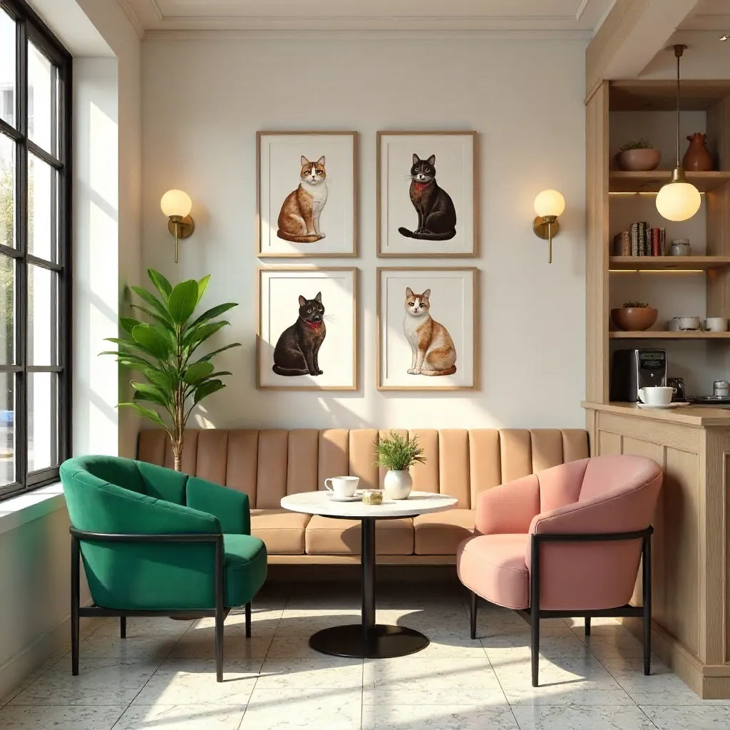 Modern Café: Elegant Cat Artwork and Stylish Seating